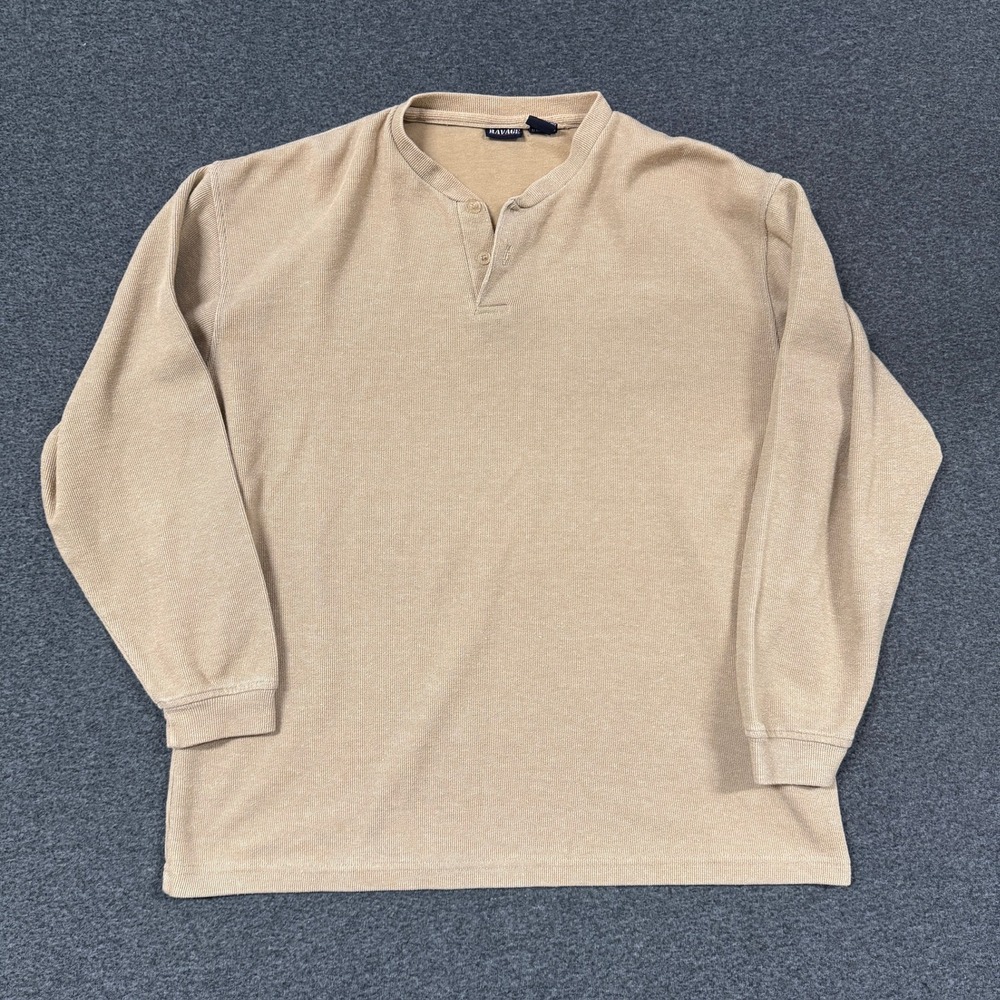 Vintage Ravage Henley Shirt Mens Large Tan Good Ribbed Long Sleeve Cotton Blend